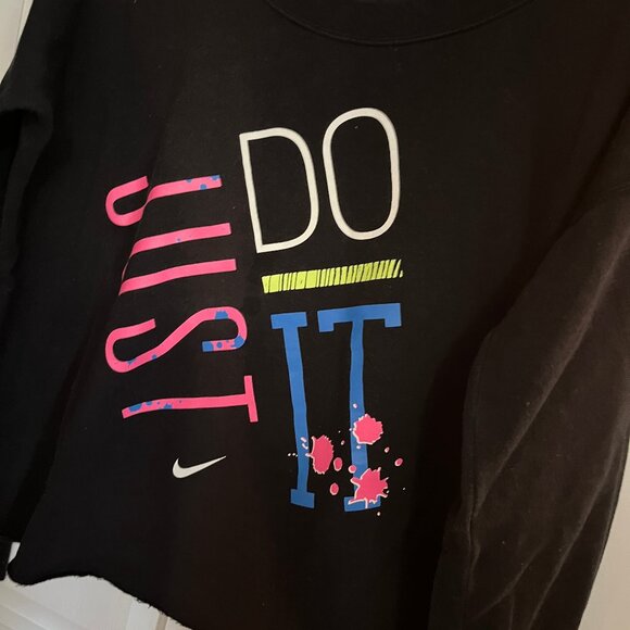 Nike Ladies Black Neon Just Do It Wide Neck Long Sleeve Sweatshirt Size M - Picture 3 of 4